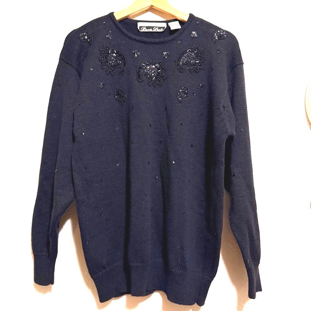 Vtg Dana Scott women's L Black Beaded Sequin Embellished Knit Sweater warm EUC‎